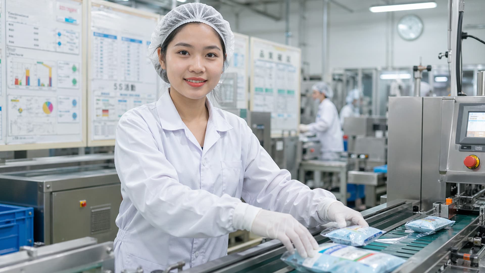 Nữ công nhân trẻ Việt Nam trong đồng phục trắng mỉm cười bên dây chuyền đóng gói tại nhà máy Nhật Bản, phía sau là bảng quy trình 5S