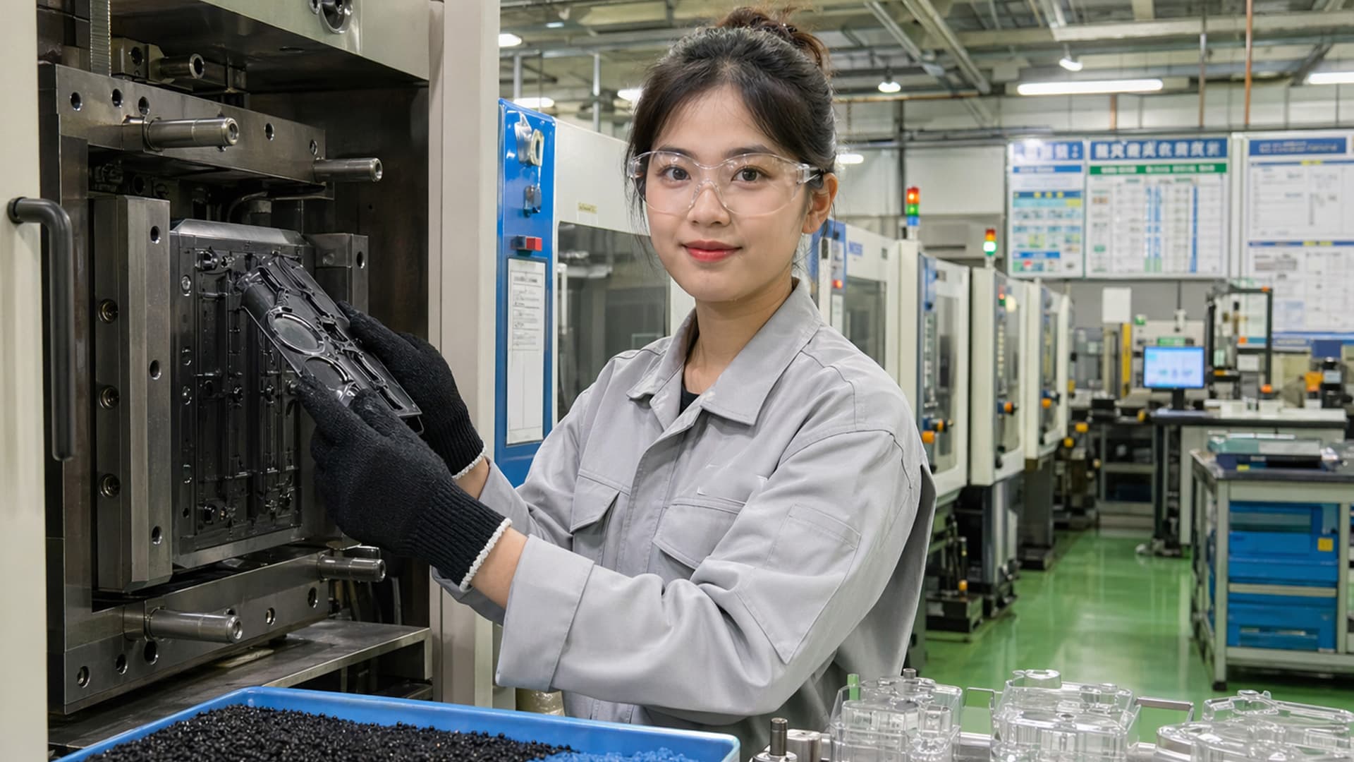 Nữ thực tập sinh ngành đúc nhựa đeo kính bảo hộ, cầm chi tiết nhựa vừa lấy khỏi khuôn trước dãy máy ép trong nhà máy Nhật Bản