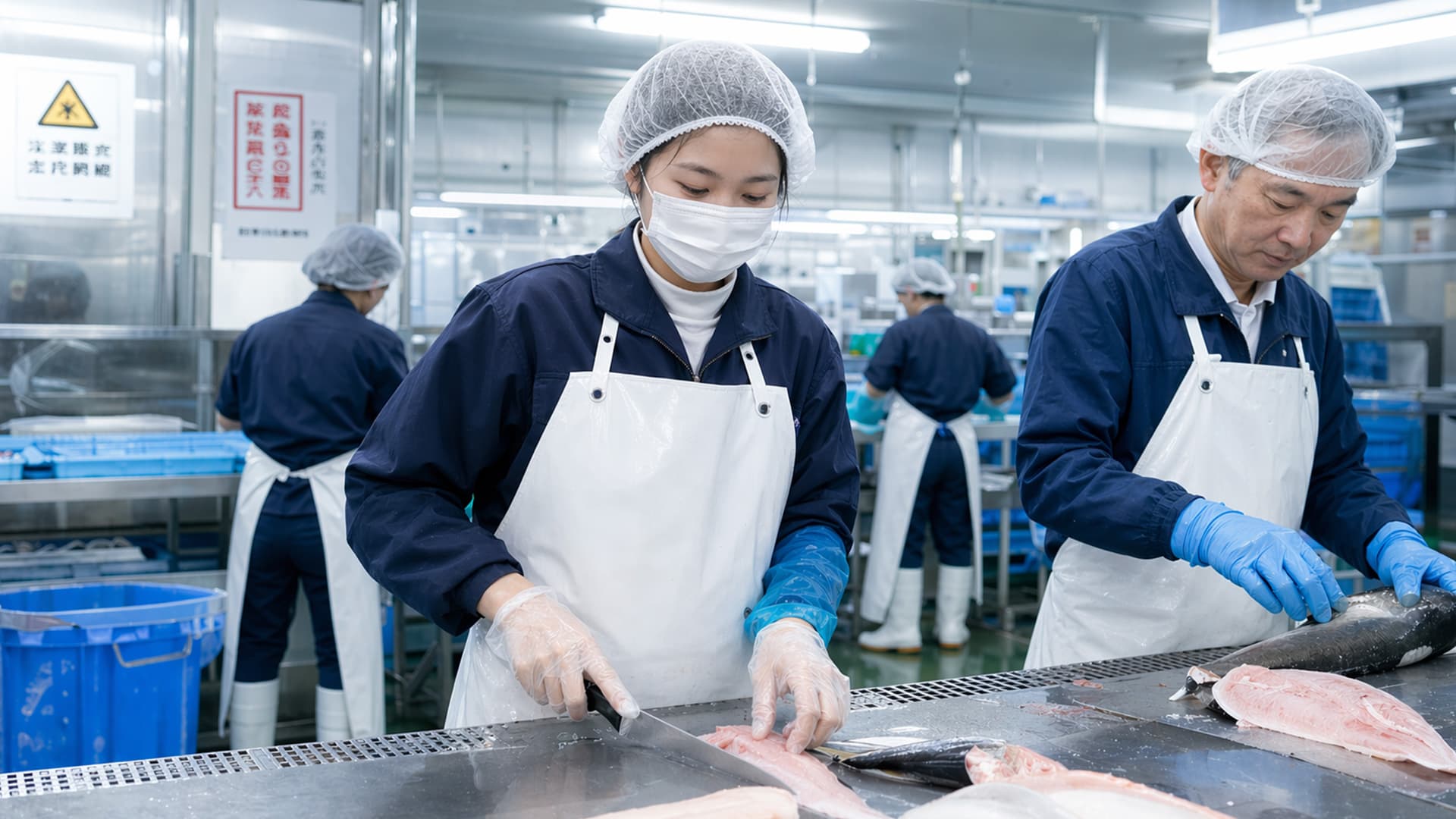 Nữ công nhân đội lưới trùm tóc, đeo khẩu trang, dùng dao fillet cá trên bàn inox trong nhà máy chế biến thủy sản đạt chuẩn HACCP tại Nhật