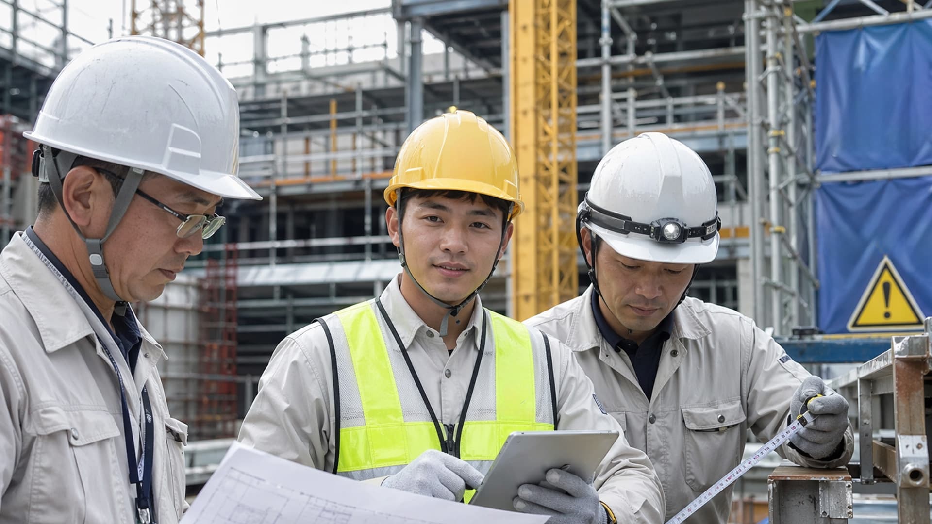 Kỹ sư và thợ trẻ trao đổi bản vẽ thi công ngay trên công trường tại Nhật