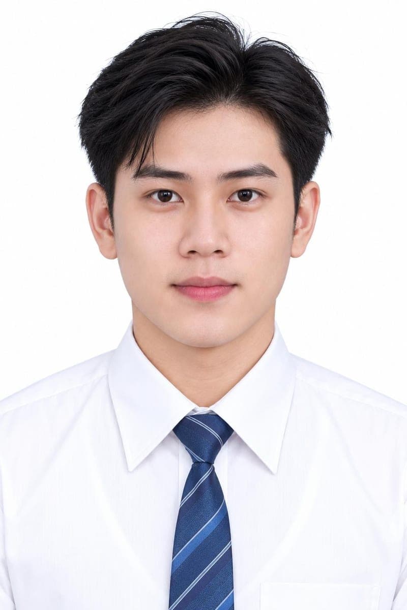 Ảnh minh họa quy cách ảnh 4×6 cho nam: sơ mi trắng, có cà vạt, phông nền trắng, không đeo kính, thấy rõ trán và chân mày.