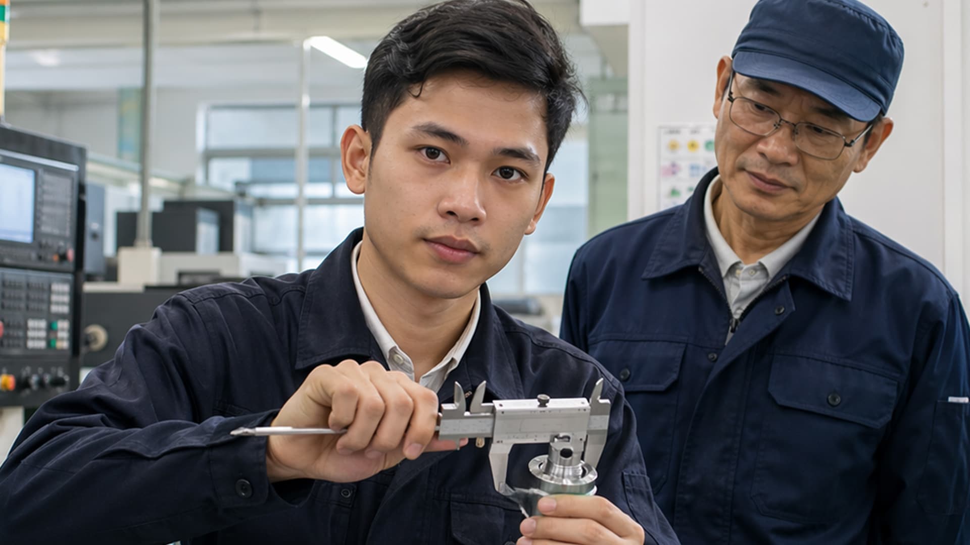 Kỹ thuật viên trẻ đo chi tiết bằng thước cặp bên máy CNC, thợ cả người Nhật hướng dẫn