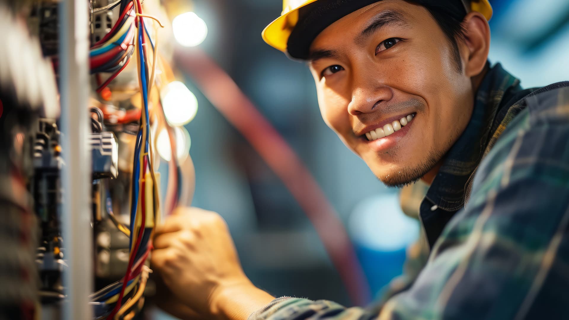 Kỹ thuật viên trẻ tươi cười khi đấu nối tủ điện thiết bị trong nhà máy tại Nhật