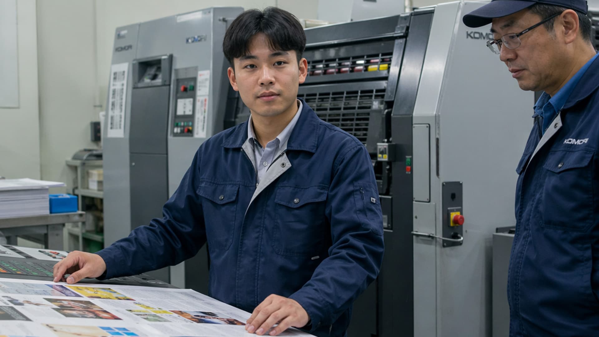 Thợ in trẻ đặt tay trên tờ in kiểm màu bên máy in offset Komori, người quản lý Nhật đứng cạnh trong nhà in Nhật Bản