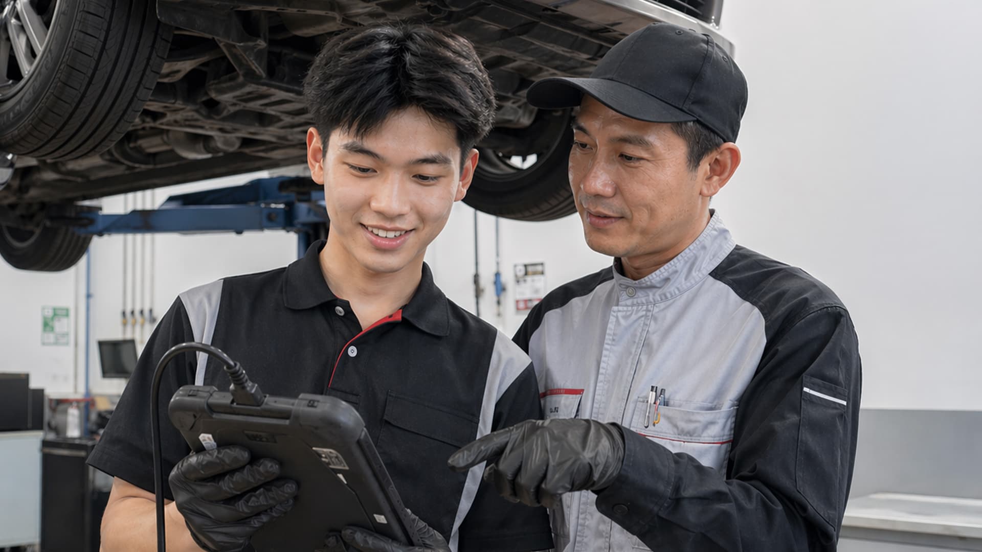 Hai thợ bảo dưỡng ô tô trao đổi trên máy chẩn đoán dưới gầm xe đang nâng trên cầu trong xưởng dịch vụ
