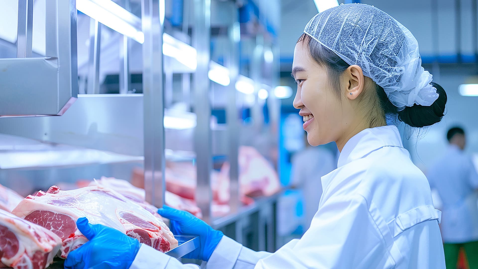 Nữ công nhân trẻ đội mũ trùm tóc, mặc áo bảo hộ trắng và găng xanh, tươi cười kiểm tra thịt tươi trên dây chuyền inox trong nhà máy chế biến thực phẩm sạch bóng tại Nhật Bản