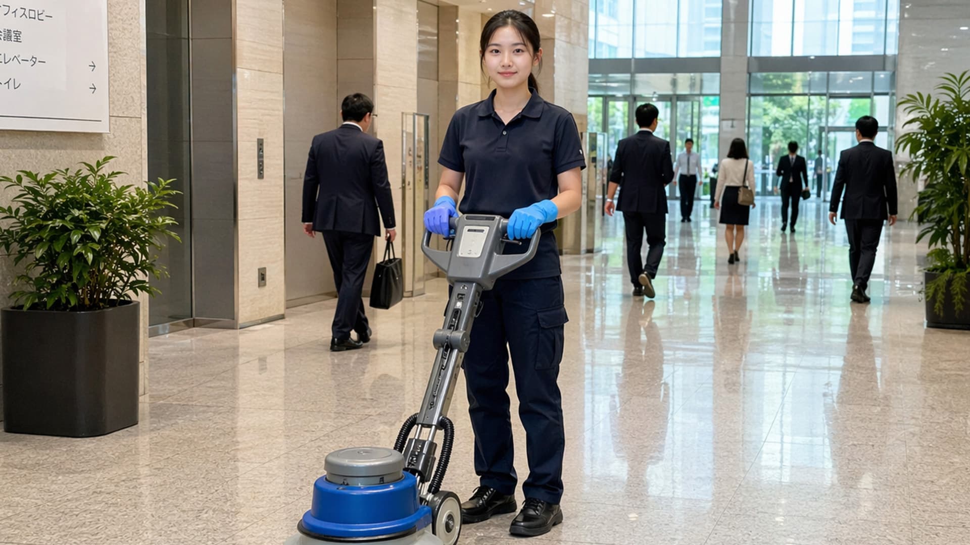 Nữ nhân viên vệ sinh tòa nhà trong đồng phục xanh đen vận hành máy chà sàn polisher giữa sảnh cao ốc văn phòng Nhật Bản, mặt sàn đá bóng phản chiếu người qua lại